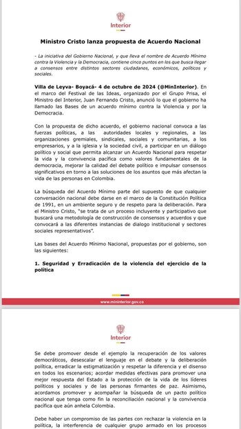 Ministro Juan Fernando Cristo anunció el Acuerdo Nacional como "garantía de la democracia en Colombia" - crédito Ministerio del Interior