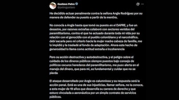 El expresidente Gustavo Petro anunció acciones legales contra Angie Rodríguez - crédito @petrogustavo/X