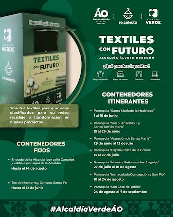 Infografía con contenedores verdes de reciclaje de textiles, lista de tipos de ropa, y ubicaciones de recolección en Álvaro Obregón