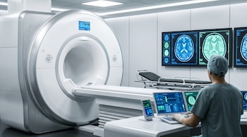Una sala de resonancia magnética moderna con una máquina blanca en primer plano, un técnico operando una consola y múltiples monitores exhibiendo escaneos cerebrales.