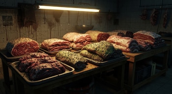 Varias piezas de carne cruda en bandejas metálicas sobre mesas de madera. Algunas están cubiertas de moscas y moho, con paredes sucias y manchas oscuras.
