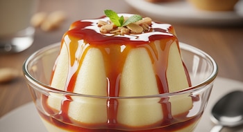 Primer plano de un postre de sémola con leche en un cuenco de cristal, cubierto con sirope de caramelo, hojas de menta fresca y almendras laminadas.