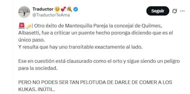 Traductor te ama cuestionó la publicación de la concejal libertaria