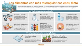 Infografía con ilustraciones de pescado, sal, agua embotellada, alimentos procesados, bebidas, té en bolsa, utensilios y verduras con microplásticos.