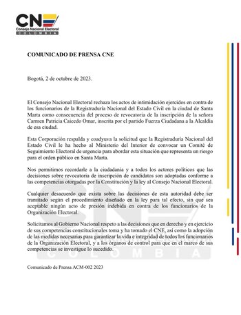 Comunicado del CNE en el que le pide al Gobierno nacional que respete sus decisiones - crédito @CNE_COLOMBIA/X