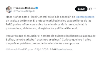 Francisco Barbosa lanzó nuevas críticas a Gustavo Petro
