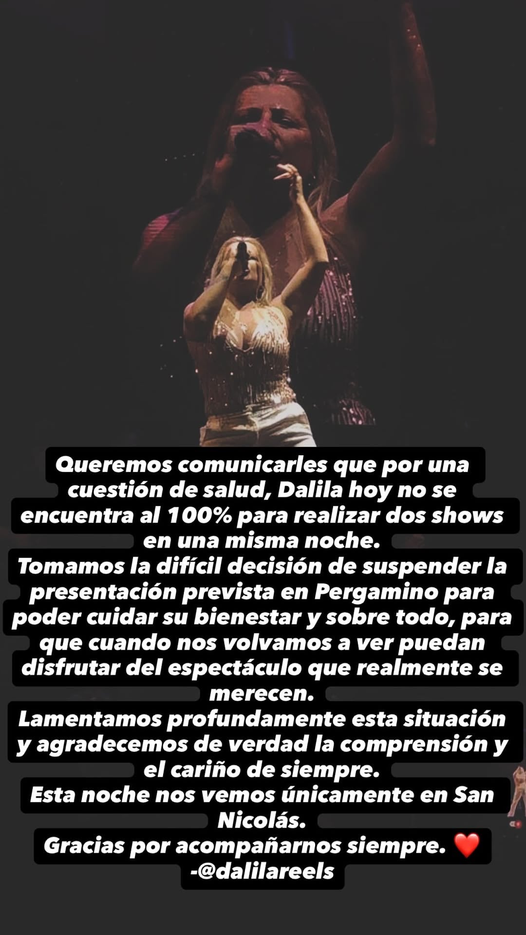 El comunicado oficial de Dalila en Instagram confirmó la cancelación en el Club Centenario de Pergamino y señaló que la decisión buscó cuidar su bienestar