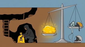 Ilustración plana de una mina ilegal con un minero manipulando un saco con símbolo de cianuro. A la derecha, una balanza equilibra una pepita de oro con una máscara y un casco.