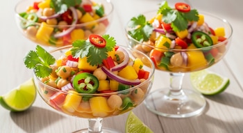 Tres copas de vidrio con ceviche de garbanzo y mango, decoradas con cilantro fresco, aros de cebolla morada y chiles, sobre una mesa clara con rodajas de lima.
