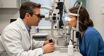 Oftalmólogo, paciente, lámpara de hendidura, ojo, luz, frasco blanco de gotas para los ojos.