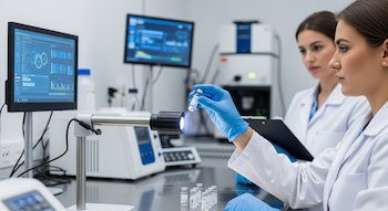 Dos técnicas de laboratorio con batas blancas y guantes azules inspeccionan frascos pequeños de medicamentos sobre una mesa con equipos y monitores.