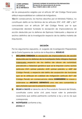 Documento oficial con logo del Poder Judicial del Perú y encabezados de la Corte Suprema. Incluye texto legal detallando una decisión judicial