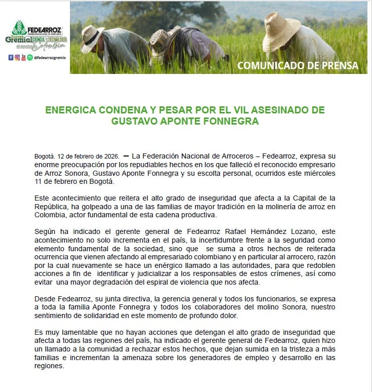 Este fue el comunicado emitido por Fedearroz, tras el asesinato de Gustavo Andrés Aponte Fonnegra - crédito Fedearroz
