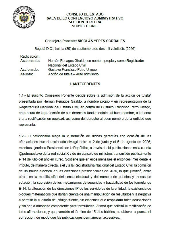 Hernán Penagos solicitó formalmente la rectificación de los señalamientos sobre una presunta manipulación de las elecciones presidenciales de 2026 - crédito Consejo de Estado