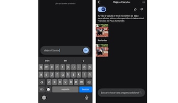 Dos capturas de pantalla de teléfono móvil. Izquierda: barra de búsqueda con "Viaje a Cúcuta" y teclado. Derecha: resultados con texto e imágenes pixeladas