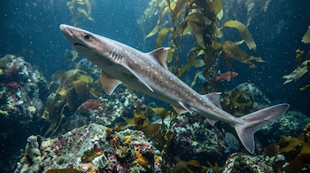 Un tiburón gris con manchas blancas nada cerca de algas marinas y formaciones rocosas submarinas.