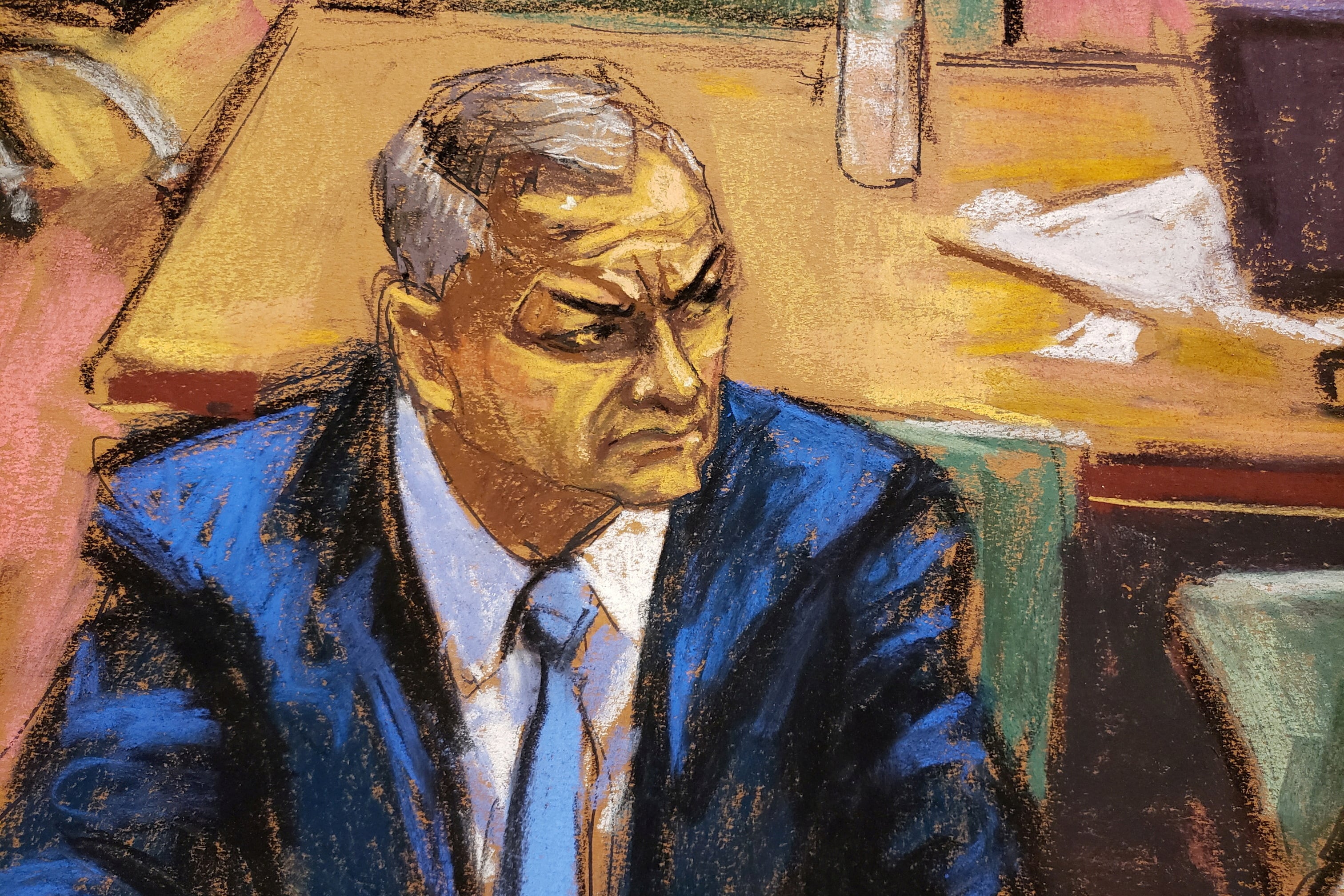FOTO DE ARCHIVO: El exsecretario de Seguridad de México, Genaro García Luna, aparece sentado en el tribunal federal de Brooklyn durante la selección del jurado para el juicio por cargos de narcotráfico en Nueva York, Estados Unidos, el 17 de enero de 2023, en este dibujo de la sala del tribunal. REUTERS/Jane Rosenberg/Foto de archivo. Para acompañar el informe especial USA-MEXICO/CIA
