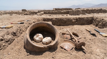 En una excavación, una vasija de cerámica contiene dos papas liofilizadas; al lado, fragmentos de cerámica y herramientas sobre tierra árida con ruinas de piedra.