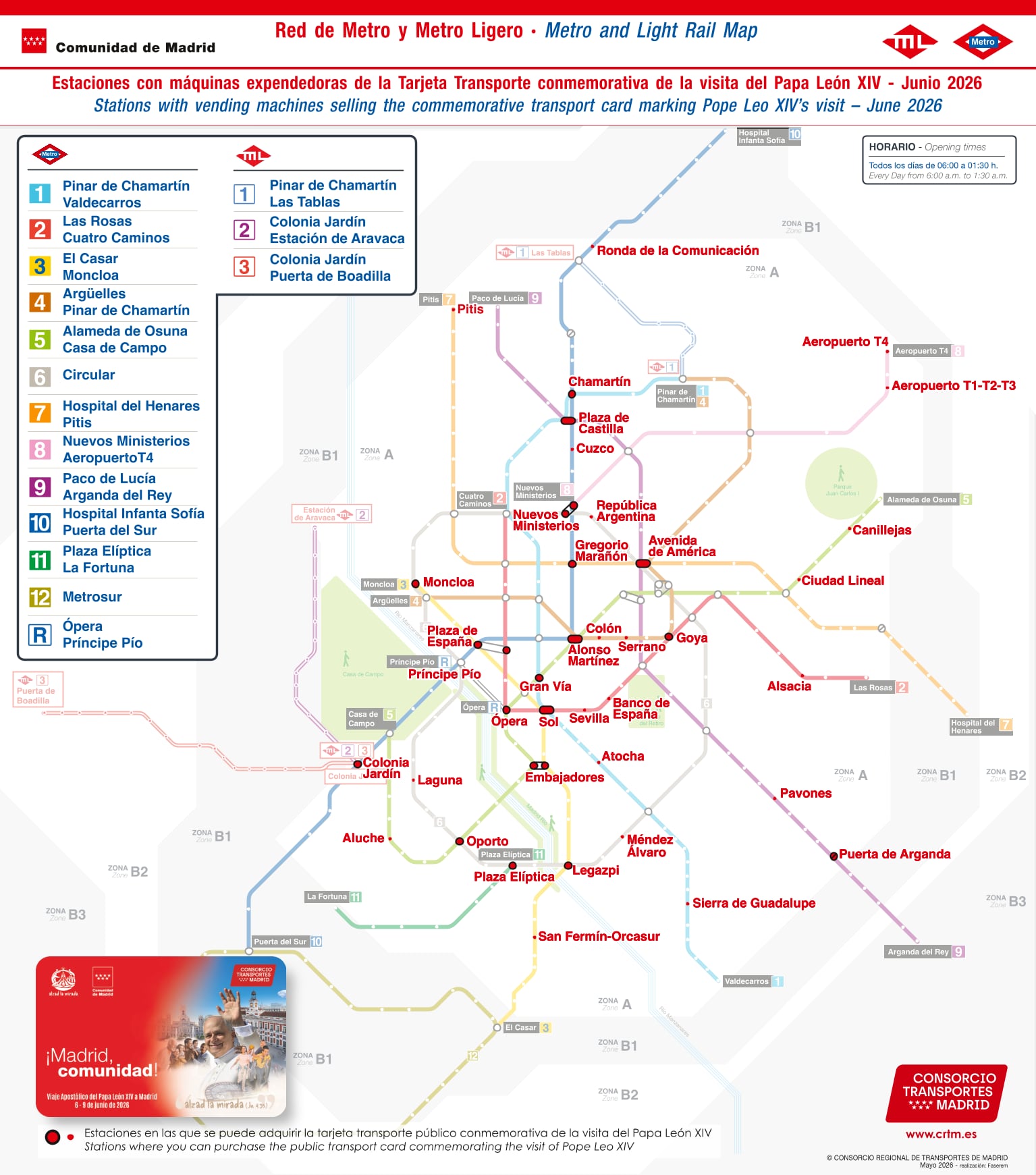 Mapa de las estaciones donde se podrá adquirir la tarjeta de transporte con motivo de la visita del Papa León XIV. (CRTM)