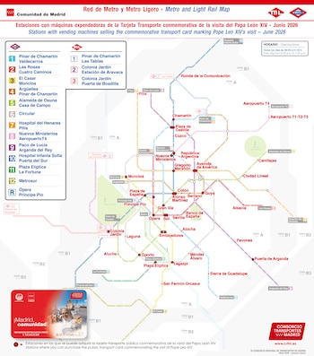 Mapa de las estaciones donde se podrá adquirir la tarjeta de transporte con motivo de la visita del Papa León XIV. (CRTM)