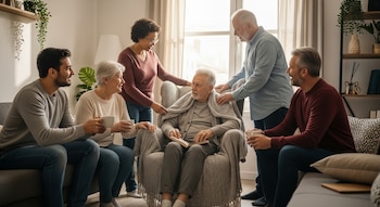 Seis personas de diversas edades, sentadas y de pie en una sala de estar, rodean a un anciano cubierto con una manta en un sillón, transmitiendo apoyo.