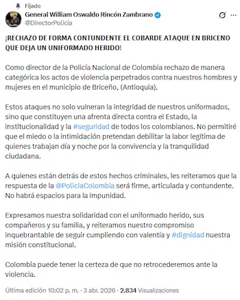 William Rincón dijo que no permitirá que los grupos armados aterroricen a la población de Briceño - crédito @DirectorPolicia/X