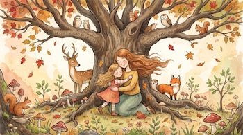 Ilustración acuarela de una madre y su hija abrazadas bajo un gran árbol; hay un venado, búhos, ardillas, un zorro, hongos, hojas cayendo y plantas brotando alrededor.