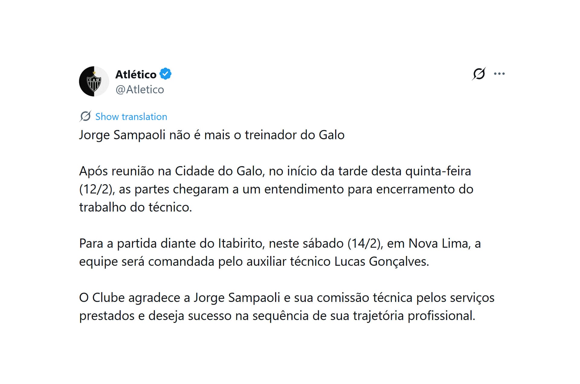 El comunicado del Atlético Mineiro en X