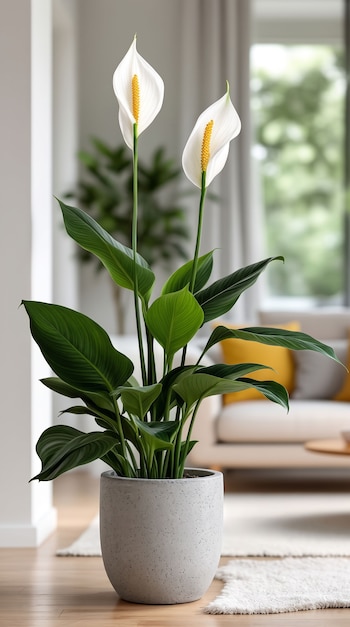 Planta de espatifilo con hojas verdes y dos flores blancas en una maceta gris, sobre el suelo de un salón iluminado