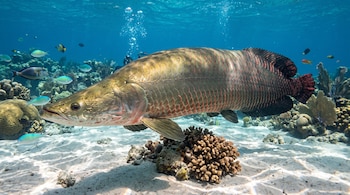 Un pez grande de escamas doradas y rojas nadando cerca del fondo marino de arena con corales y peces pequeños.