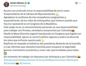 Simón Molina, del partido Creemos, fue elegido como primer vicepresidente de la Cámara en esa corporación - crédito @simonmolinag/X