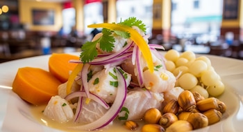 Plato blanco con ceviche peruano, mostrando trozos de pescado blanco, cebolla morada, ají amarillo en juliana, cilantro fresco, camote naranja y maíz.