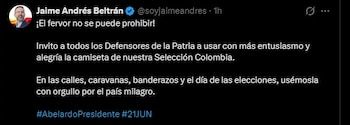 Jaime Andrés Beltrán defendió el uso de la camiseta en espacios públicos y electorales, asegurando que el fervor por la Selección Colombia no puede ser prohibido ni limitado - crédito Jaime Andrés Beltrán/X