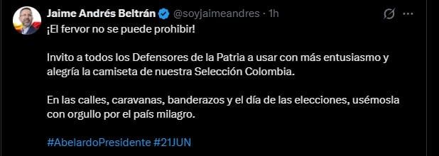 Jaime Andrés Beltrán defendió el uso de la camiseta en espacios públicos y electorales, asegurando que el fervor por la Selección Colombia no puede ser prohibido ni limitado - crédito Jaime Andrés Beltrán/X