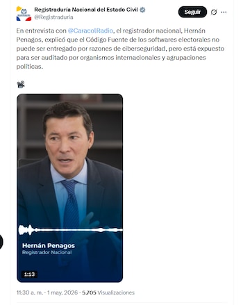 La Registraduría Nacional del Estado Civil informó que el código fuente de los softwares electorales no puede ser entregado por razones de ciberseguridad, pero está expuesto para ser auditado por organismos internacionales y agrupaciones políticas - crédito @Registraduria/X