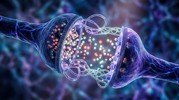 Una representación digital de una sinapsis muestra el espacio entre dos neuronas con esferas anaranjadas y verdes moviéndose de una a otra