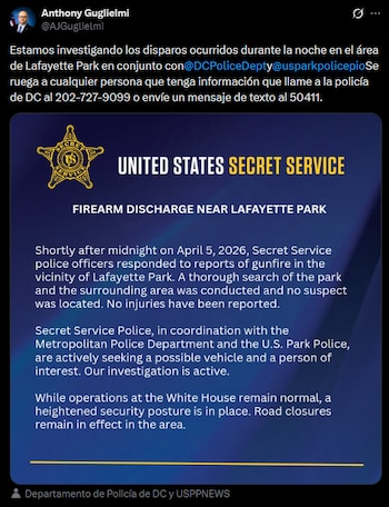 Captura de pantalla de un tuit de Anthony Guglielmi del Servicio Secreto sobre un incidente de disparos cerca de Lafayette Park, mostrando el logotipo y texto informativo
