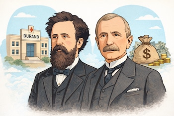 Caricatura de John Hopkins y John D. Rockefeller en trajes formales, con el Hospital Durand y una bolsa de dinero con un signo de dólar de fondo.
