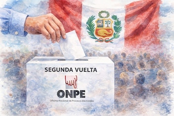 Ilustración en acuarela de una mano depositando una boleta en una urna con 'SEGUNDA VUELTA' y 'ONPE'. De fondo, la bandera de Perú y una multitud de votantes.
