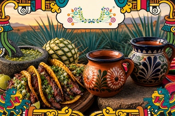 Tacos de carne, molcajete con salsa verde, piña de agave y dos jarritos de cerámica decorados en un entorno rural.