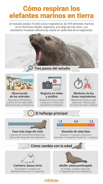 Infografía detallada sobre la respiración de elefantes marinos, mostrando un sello adulto, tres pasos de estudio, duración de fases respiratorias y cambios por edad.