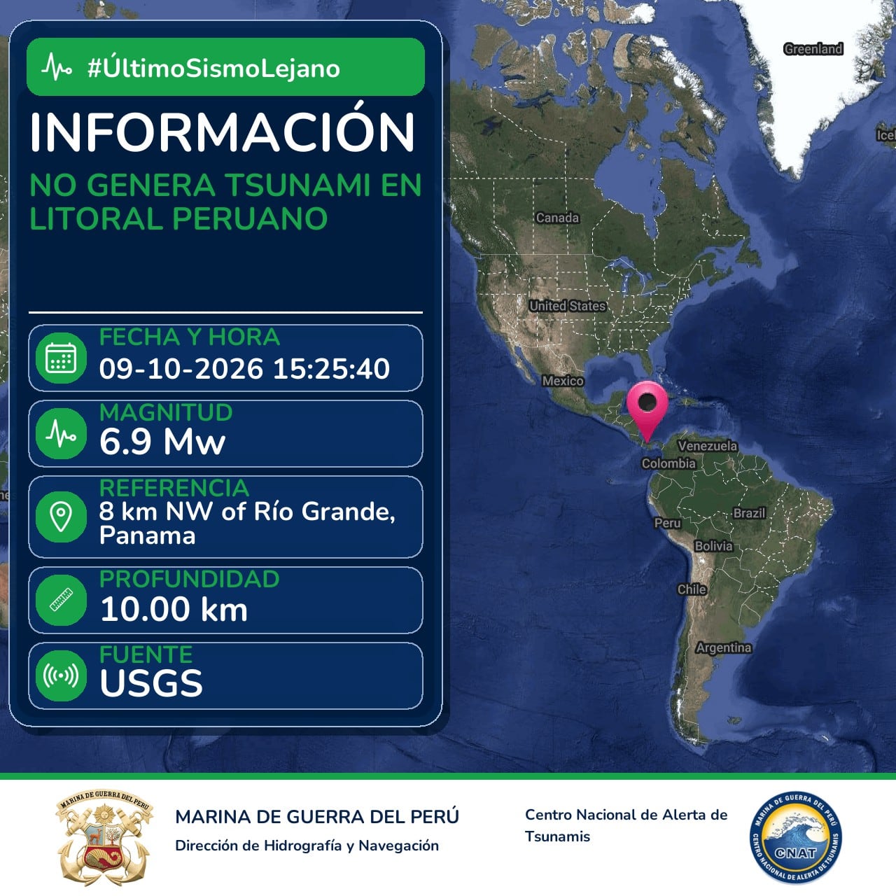 El Centro Nacional de Alerta de Tsunamis del Perú informa que un sismo registrado en Panamá no genera amenaza de tsunami en el litoral peruano. (MArina de Guerra del Perú)