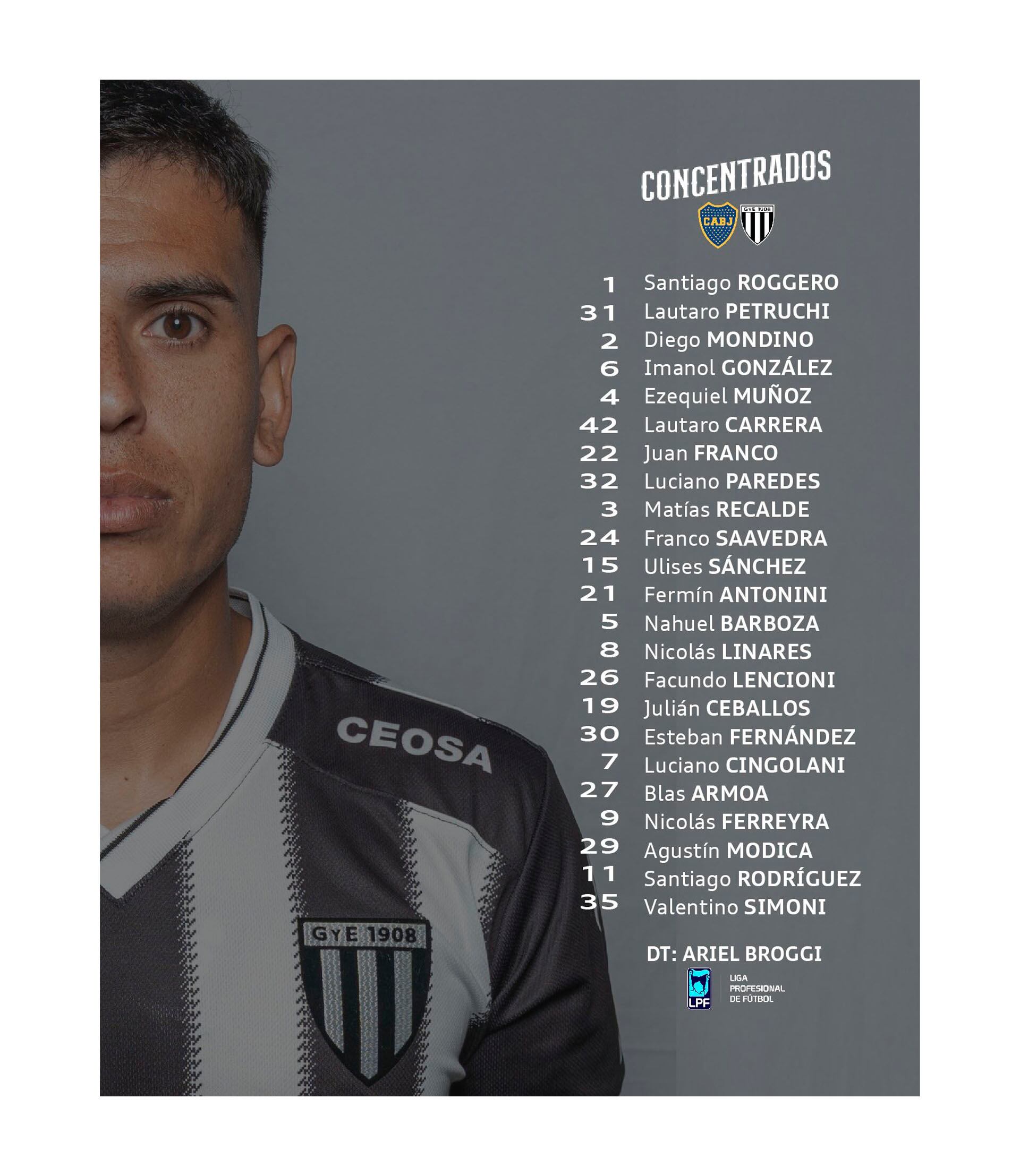 La imagen muestra a un jugador de Gimnasia de Mendoza junto a la lista oficial de los veinticinco futbolistas convocados para el próximo encuentro del equipo.