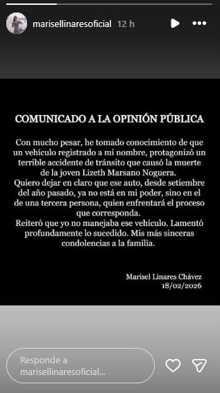 Marisel Linares Chávez publicó un comunicado oficial en redes sociales deslindándose de la responsabilidad directa en el accidente automovilístico que causó la muerte de Lizeth Marzano Noguera, al precisar que no conducía el vehículo y este ya no estaba en su poder. (Marisel Linares)