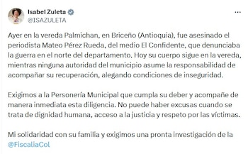 La senadora del Pacto Histórico, Isabel Zuleta también se pronunció sobre los hechos - crédito @ISAZULETA/X
