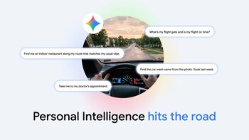 Gráfico con el icono de Gemini, una fotografía de un conductor al volante y cuatro globos de texto con preguntas en inglés sobre fondo blanco