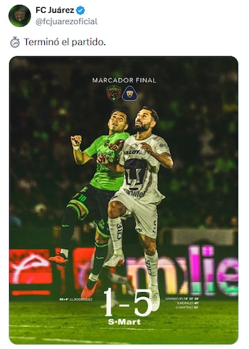Como reflejo de la crísis, Juárez fue goleado 5-1 en su propia por los Pumas. (X/ @fcjuarezoficial)