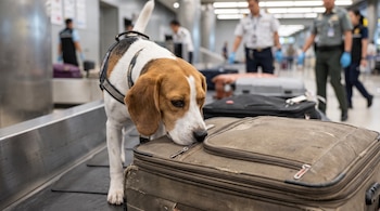 Un perro beagle con arnés olfatea una maleta marrón sobre una cinta transportadora en un aeropuerto, con personal de inspección de fondo borroso.