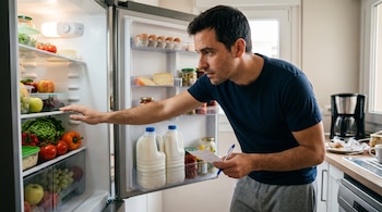 Un hombre sostiene un papel y un bolígrafo mientras observa el interior de un refrigerador abierto lleno de verduras, frutas y lácteos.