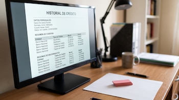 Monitor con un texto de historial de crédito, una hoja de papel con un borrador, un bolígrafo y una lámpara sobre un escritorio de madera.
